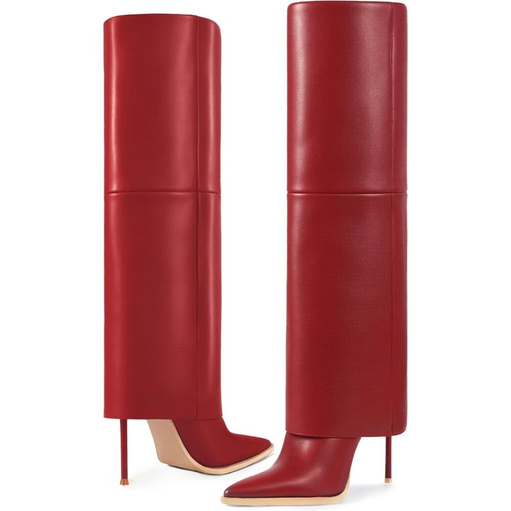 Women’s Fashion Fall Winter Red Fold Over Pointed Toe Knee High Heel Boots - Picture 4 of 7